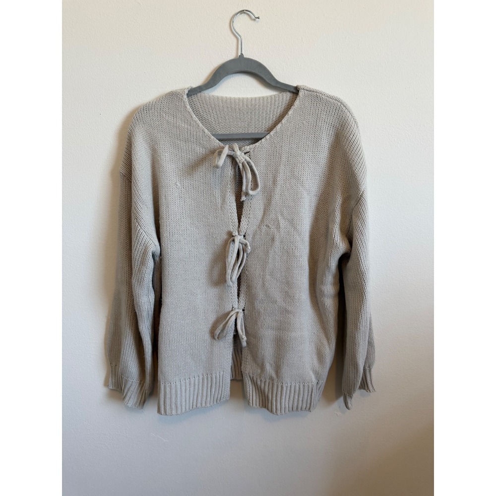 Womens Oatmeal Beige Chunky Knit Tie Front Cardigan Sweater Bow Closure OS